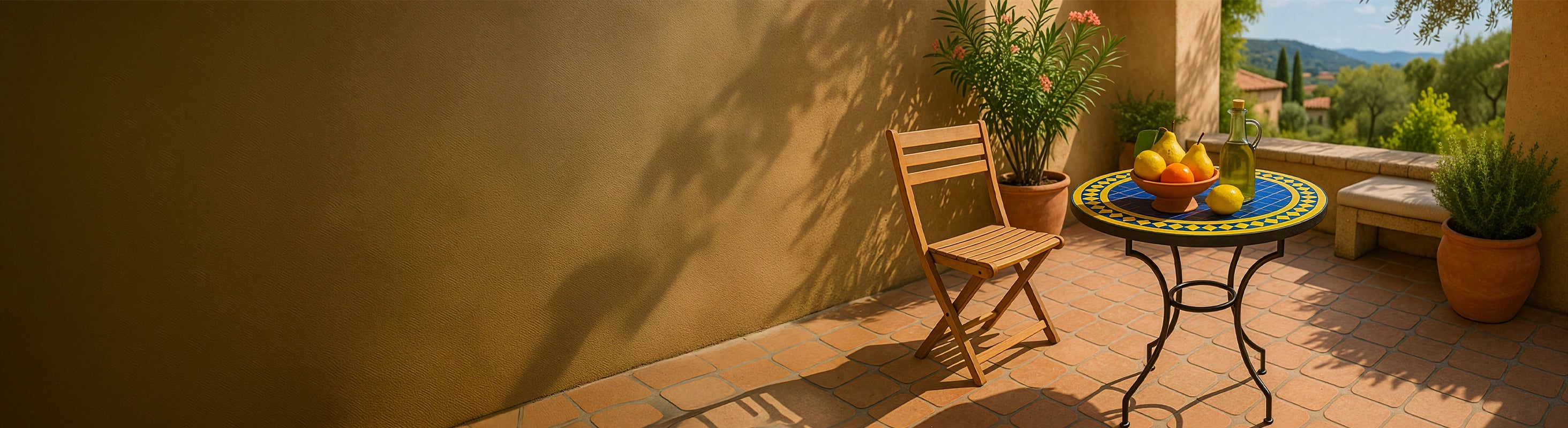 Mesas mosaico Ø60 – Runder Mosaiktisch Ø60 cm mit blauen Zellige-Fliesen als Bistrotisch auf sonniger Terrasse mit Stuhl und mediterraner Umgebung – 2 Personen