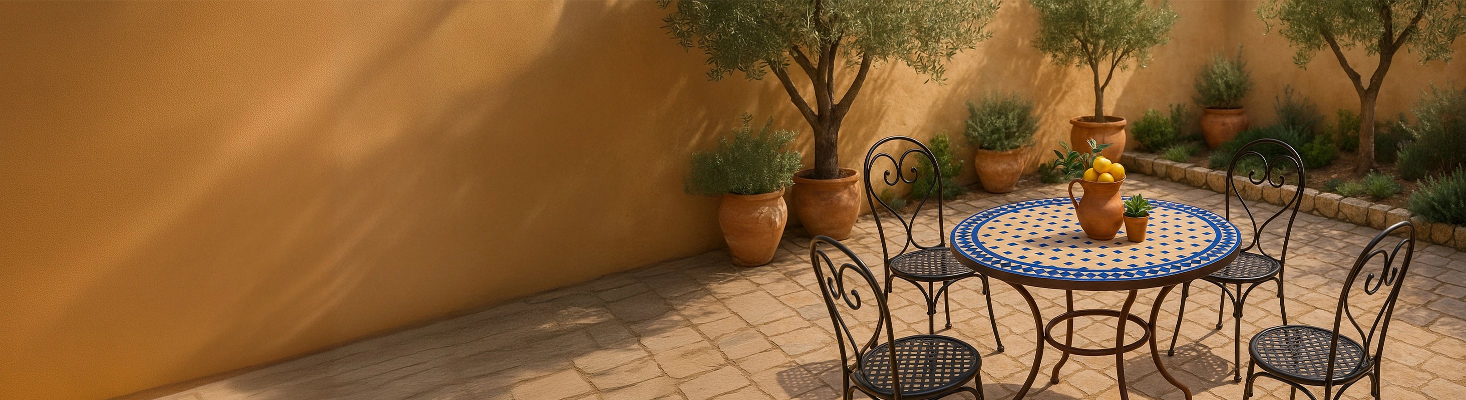 Mesas mosaico Ø80 – Großer runder Mosaiktisch Ø80 cm mit Zellige-Fliesen und vier Stühlen im Garten auf Terrasse mit Pflanzen und mediterraner Umgebung