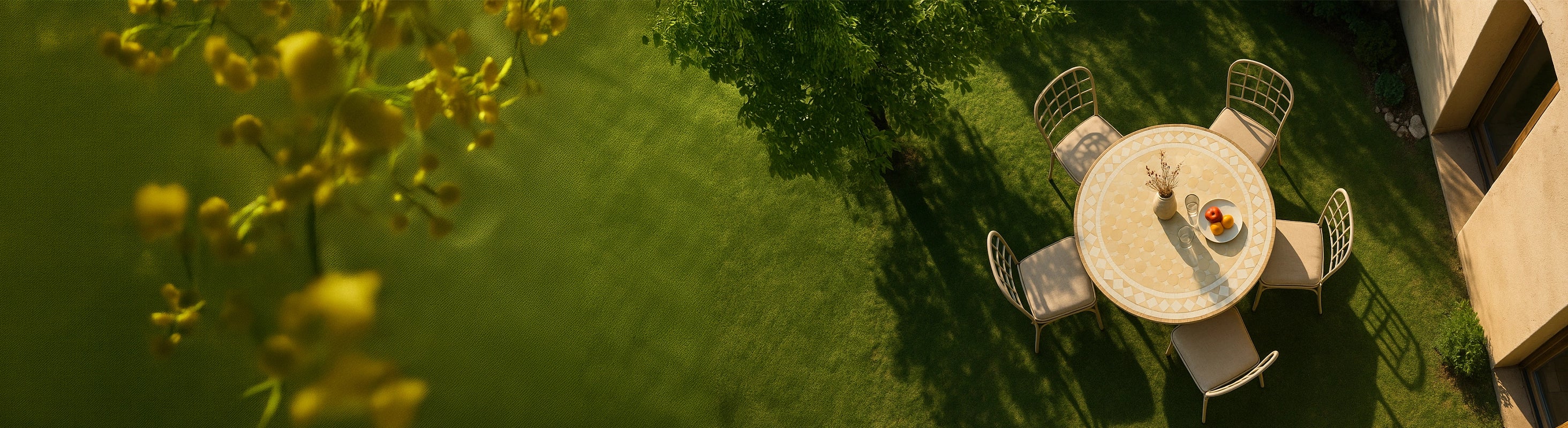 Mesas mosaico Ø90 – Großer runder Mosaiktisch Ø90 cm mit Zellige-Fliesen aus der Vogelperspektive im Garten mit vier Sitzplätzen und sommerlicher Lichtstimmung