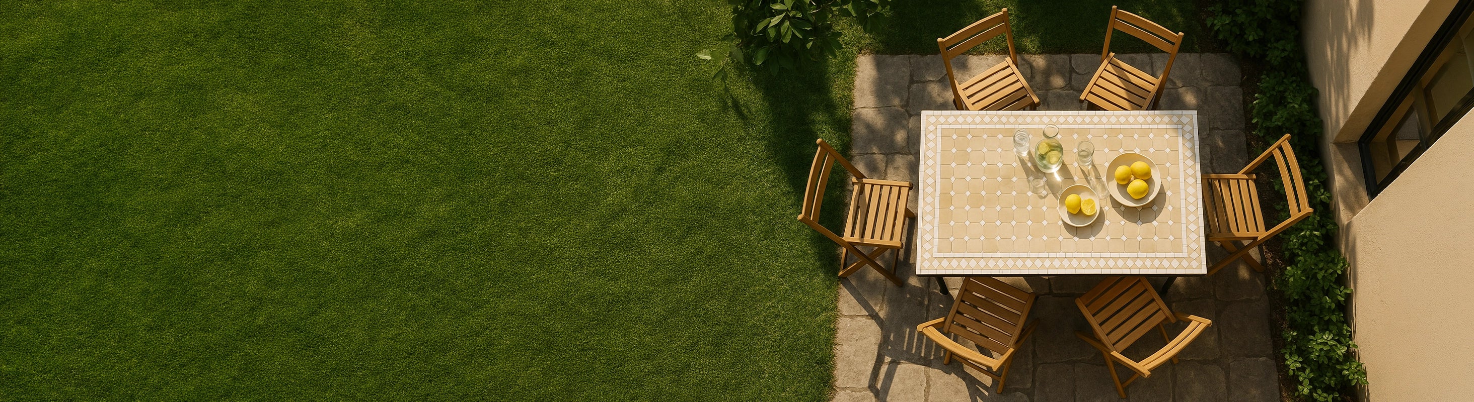 Mesas mosaico rectangulares – Rechteckiger Mosaiktisch mit Zellige-Fliesen und mehreren Stühlen aus der Vogelperspektive im Garten auf Terrasse – großer Esstisch für Fami