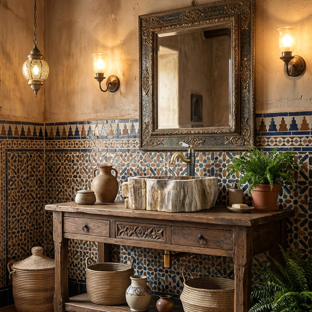 Lavabo sobre encimera realizado en piedra natural con dibujo de madera fósil, escenificado sobre consola de madera en el baño oriental con mosaico.