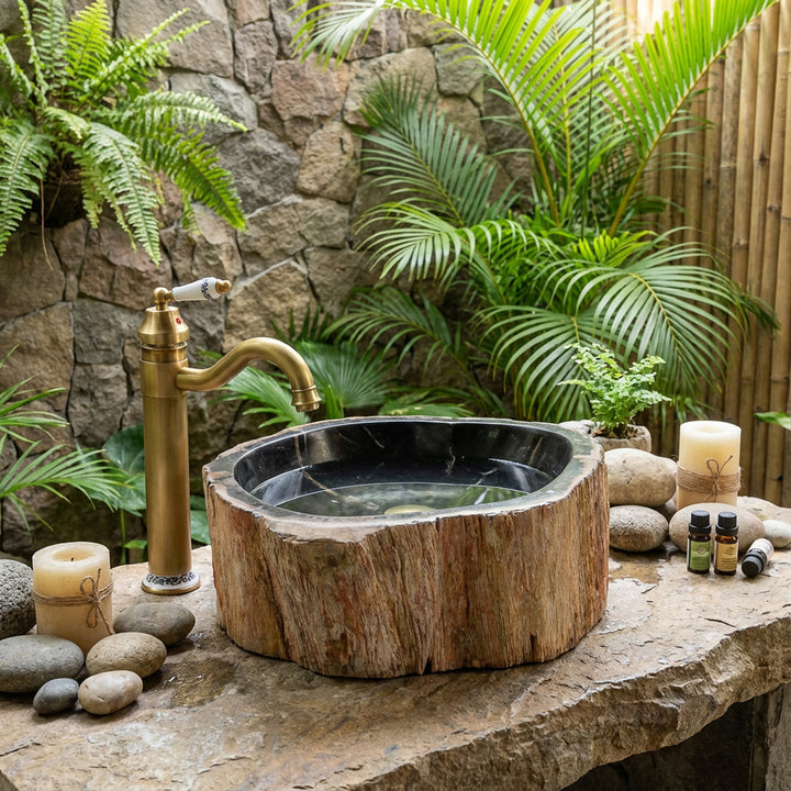 Lavabo sobre encimera de piedra natural fabricado en madera petrificada, lavabo de exterior redondo de piedra sobre losa maciza de piedra con herrajes de latón y plantas.