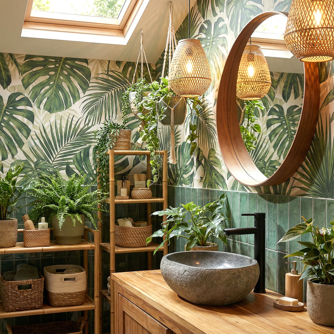 Lavabo sobre encimera de piedra de río en baño spa verde sobre tocador de madera, combinado con accesorios negros y ambiente vegetal