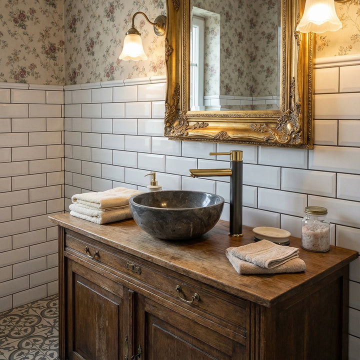 Lavabo sobre encimera redondo de piedra natural sobre un lavabo de madera en un elegante cuarto de baño con accesorios dorados y espejo