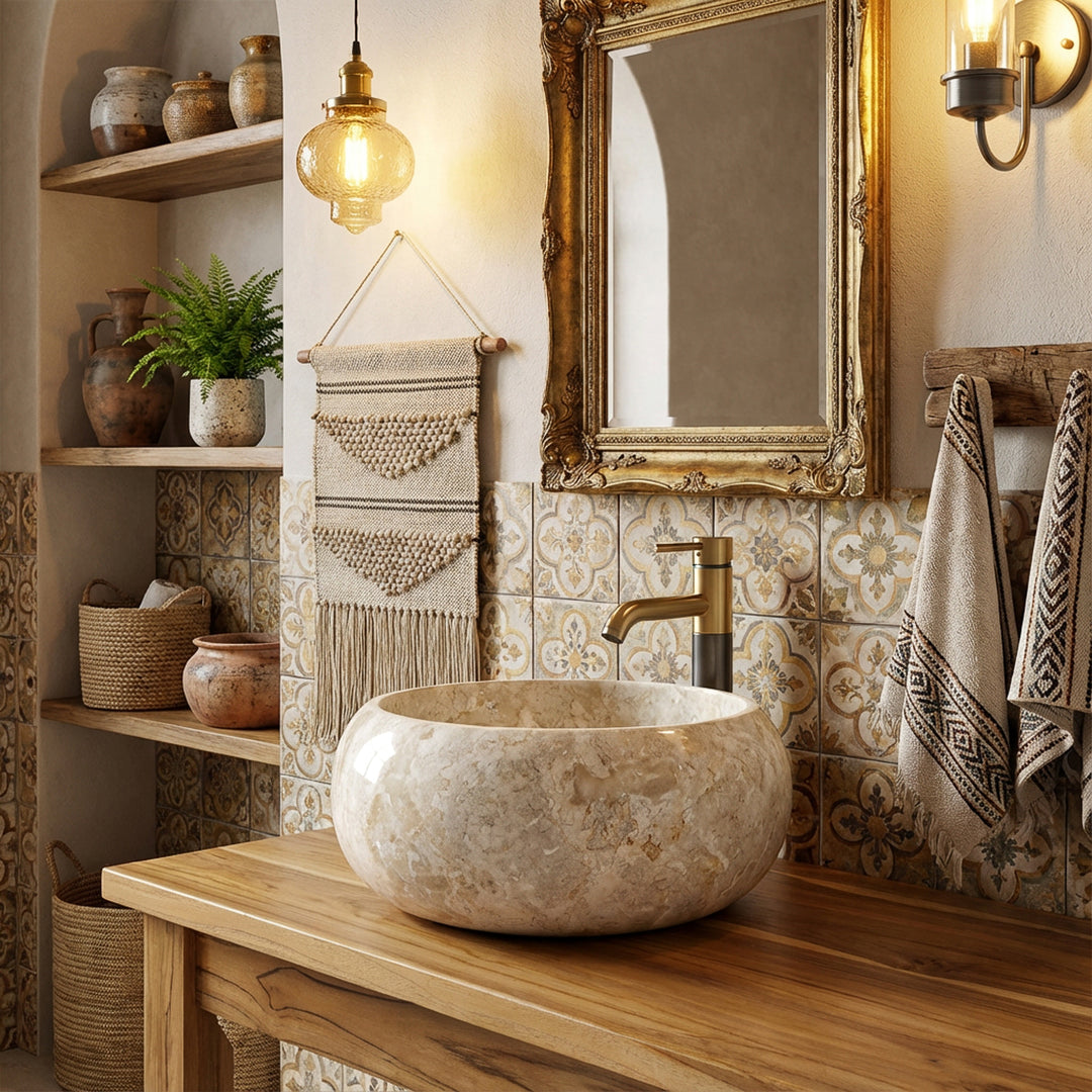 Lavabo sobre encimera redondo de piedra natural sobre un lavabo de madera con grifo de latón delante de azulejos estampados en un ambiente de baño cálido