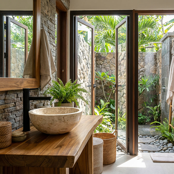 Lavabo sobre encimera redondo de piedra natural clara sobre un lavabo de madera con accesorios negros en el baño abierto con vista al jardín