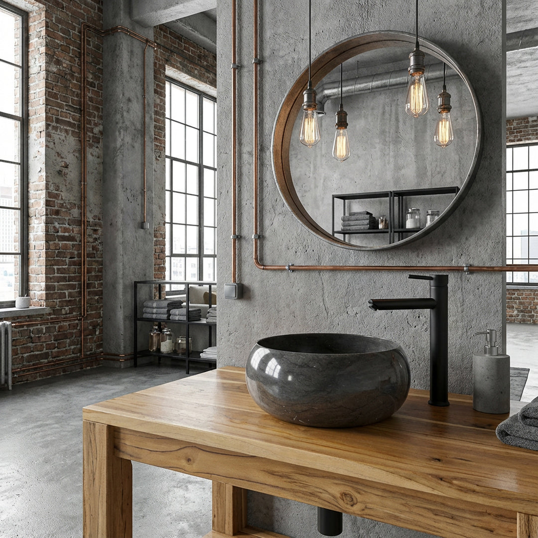 redondo Lavabo hecho de piedra sobre un tocador de madera en un baño tipo loft industrial, combinado con accesorios negros, paredes de hormigón, tuberías de cobre visibles y luz cálida