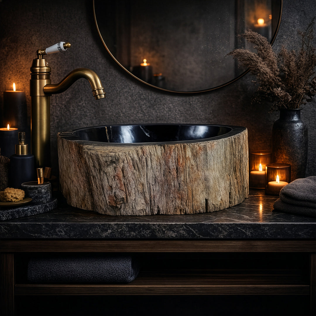 Lavabo Lavabo sobre encimera redondo de madera petrificada con superficie interior oscura en un ambiente de baño acogedor a la luz de las velas.