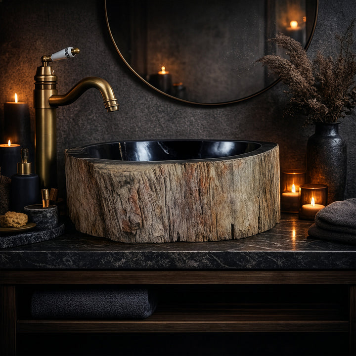 Lavabo Lavabo sobre encimera redondo de madera petrificada con superficie interior oscura en un ambiente de baño acogedor a la luz de las velas.