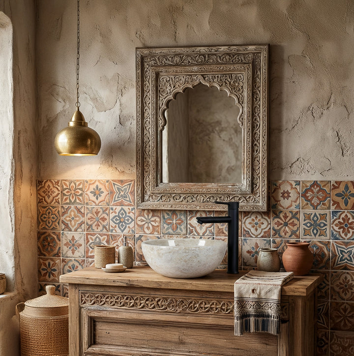 piedra natural redondaLavabo como accesorio sobre un lavabo de madera con grifería negra delante de azulejos estampados en un ambiente de baño oriental