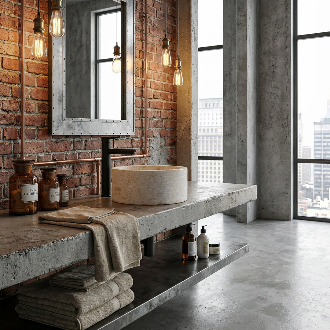 Lavabo redondo de piedra natural en color beige claro sobre una consola de hormigón, en un baño tipo loft urbano con pared de ladrillo.