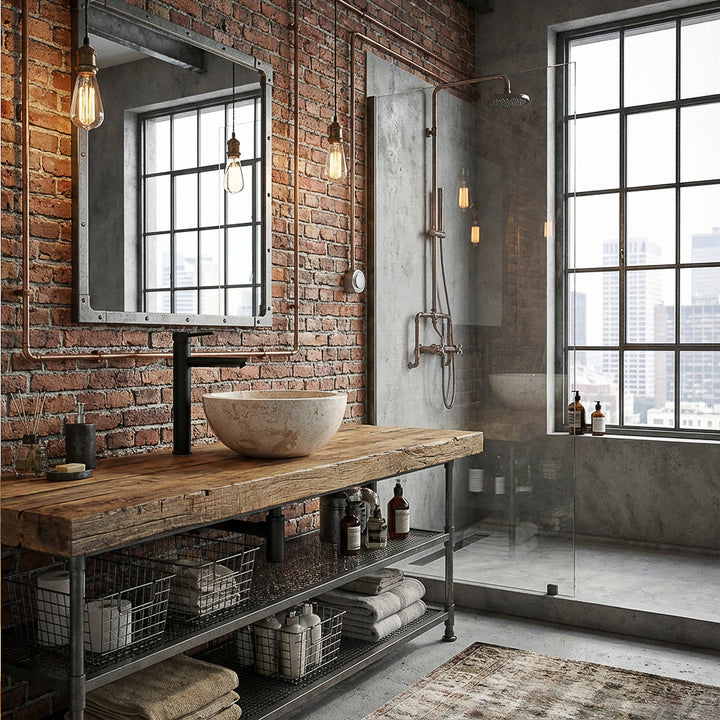 Lavabo sobre encimera de piedra natural redondo sobre lavabo de madera rústica con accesorios negros en baño tipo loft industrial