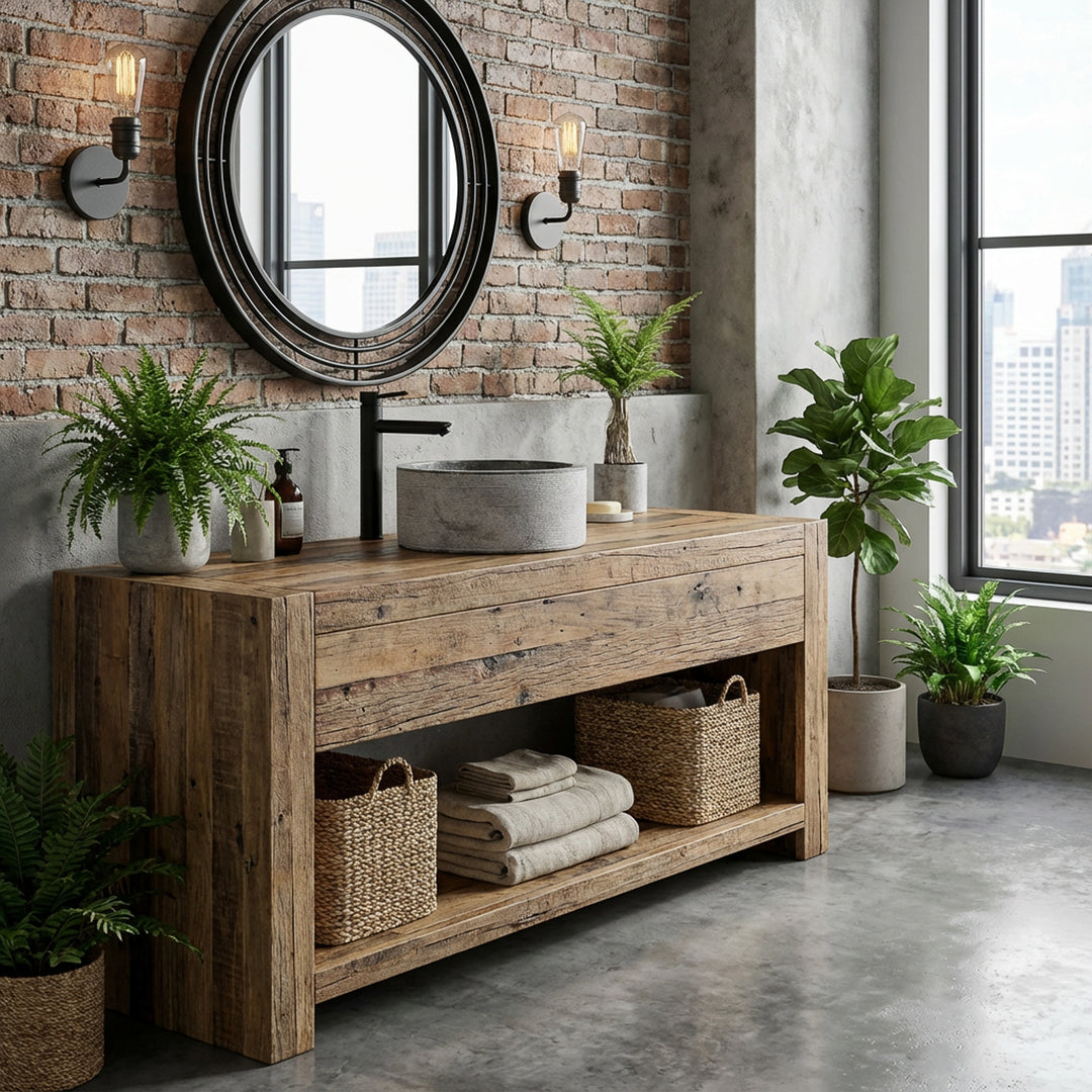 Lavabo redondo de piedra natural sobre consola de madera maciza, combinado con plantas y espejo en un acogedor baño tipo loft.
