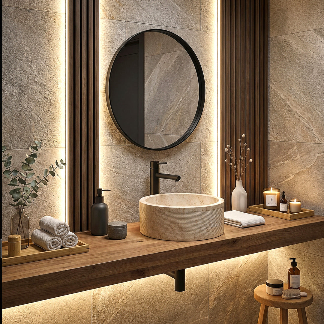 Lavabo redondo de piedra natural con un cálido aspecto de piedra sobre una consola de madera, elegantemente integrado en un baño moderno e iluminado.