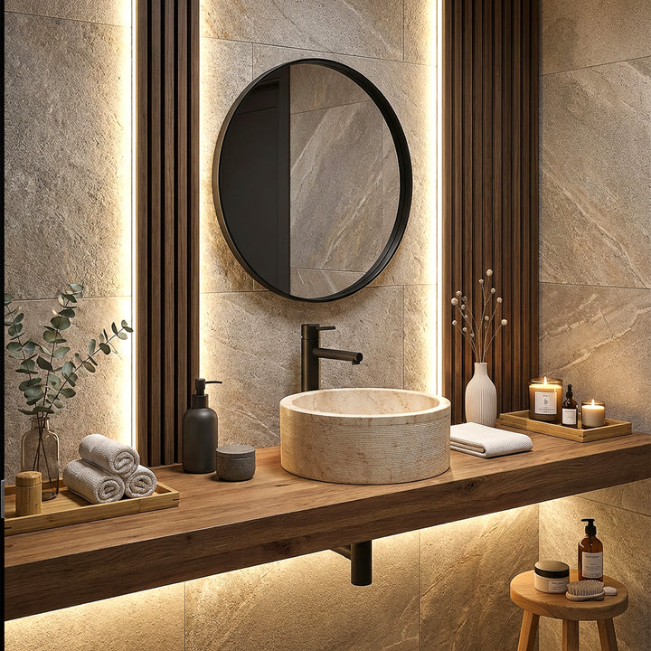 Lavabo redondo de piedra natural con un cálido aspecto de piedra sobre una consola de madera, elegantemente integrado en un baño moderno e iluminado.