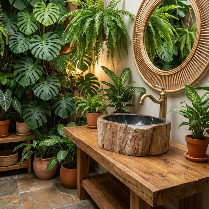 Lavabo de piedra natural de madera petrificada como lavabo sobre encimera, lavabo redondo de piedra sobre consola de madera en un ambiente de baño verde.