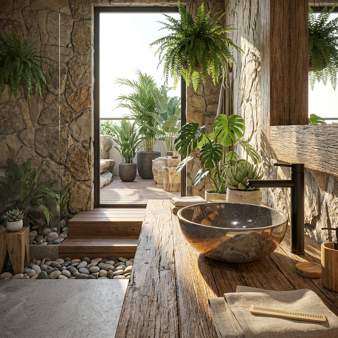 redondo Lavabo hecho de piedra natural sobre una mesa de madera maciza en el baño abierto del spa con plantas, paredes de piedra y luz natural