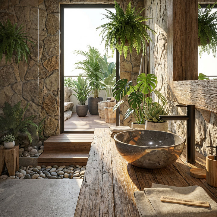 redondo Lavabo hecho de piedra natural sobre una mesa de madera maciza en el baño abierto del spa con plantas, paredes de piedra y luz natural