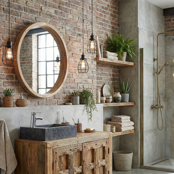 Lavabo cuadrado de piedra natural sobre un tocador rústico de madera en un baño industrial, combinado con grifo cromado, pared de ladrillo, estantes abiertos y luz cálida