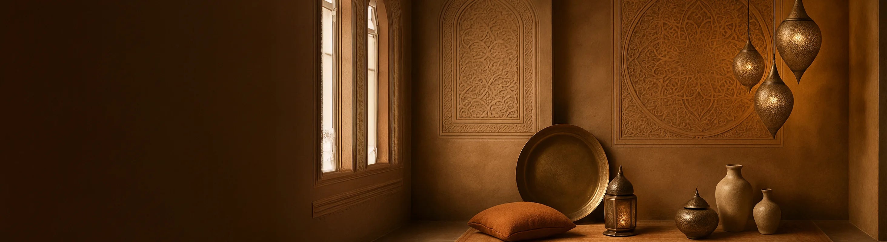 Oriente – Escena oriental con cálidos tonos tierra, delicadas lámparas de metal, adornos tallados, jarrones orientales y accesorios decorativos.