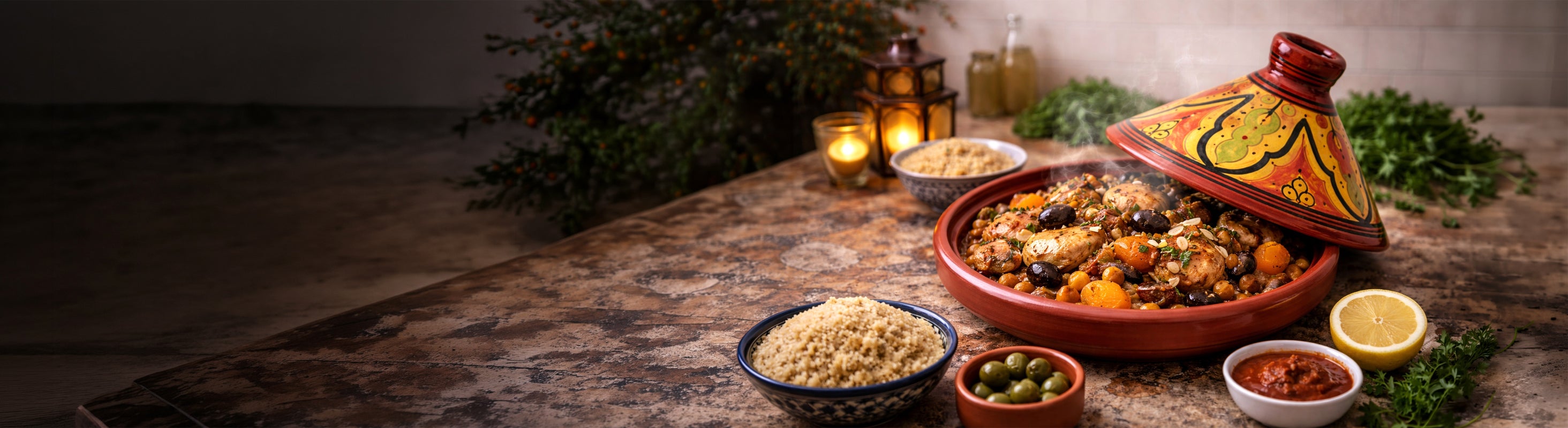 Tajine – Marroquí Tagine como una cazuela tradicional de barro con tapa pintada, rellena de pollo, verduras y aceitunas.