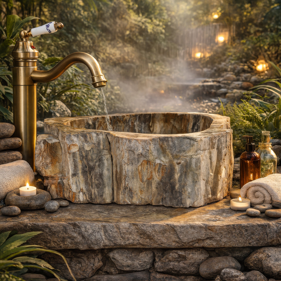 Lavabo Realizado en piedra natural con estructura de madera fósil, escenificado al aire libre sobre una losa de piedra con herraje de latón, velas y un arroyo.
