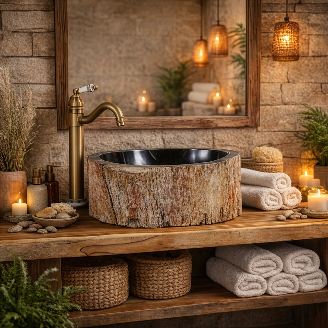 Fregadero de madera fósil sobre encimera con interior oscuro, lavabo de piedra redondo sobre consola de madera en un baño spa rústico con velas.