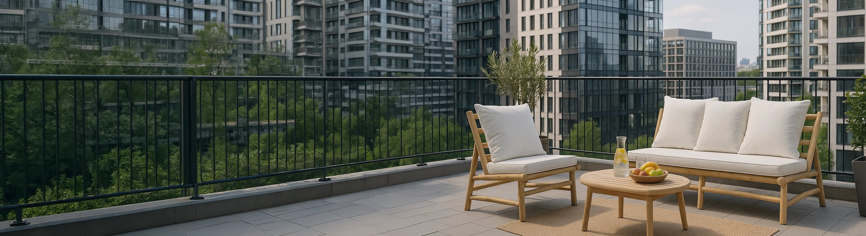 Sillones y sofás – Sessel und Sofa aus Teakholz mit Polstern auf modernem Balkon mit Stadtblick – komfortable Lounge-Möbel für Außenbereich