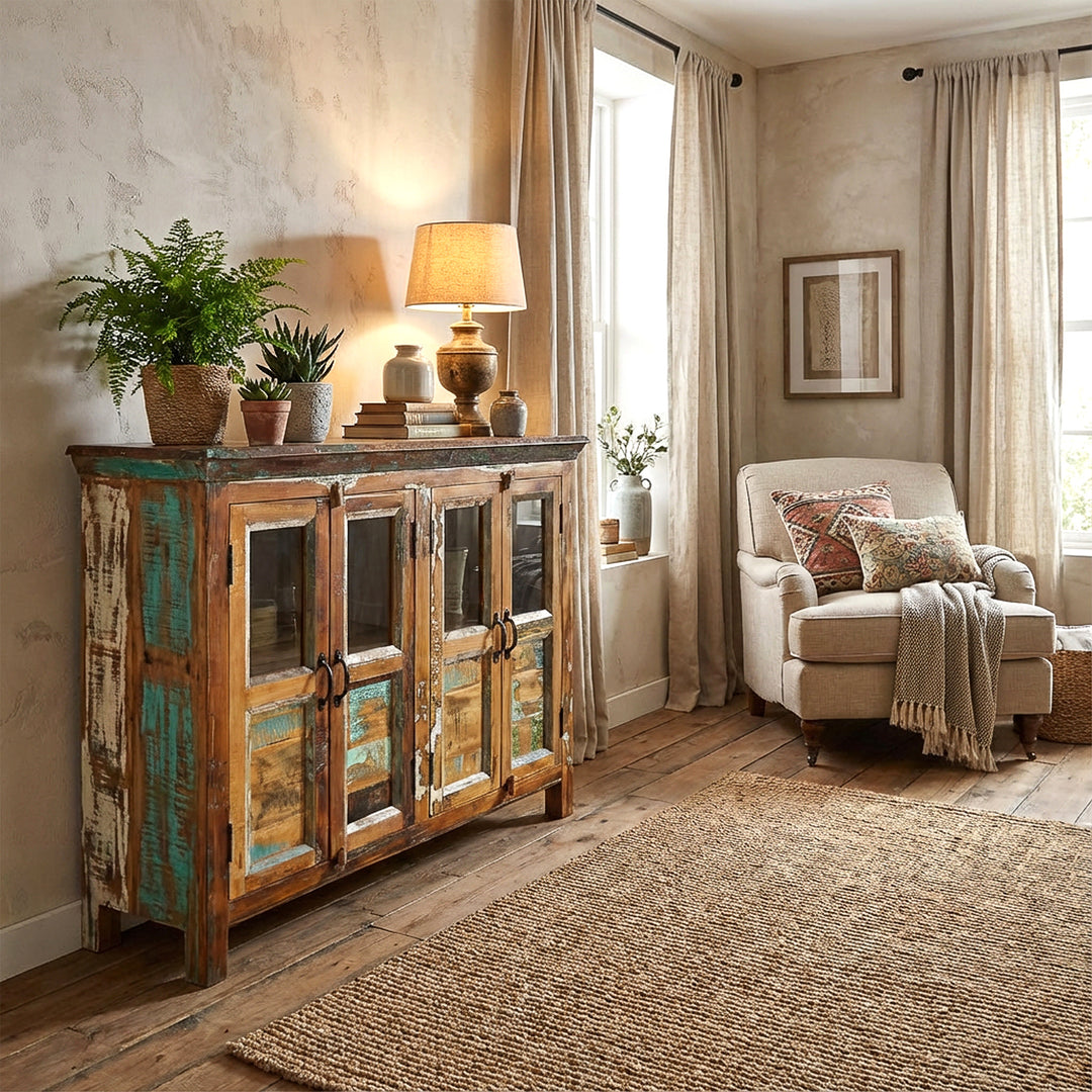 Wohnzimmer-Sideboard aus Massivholz mit Glastüren im Vintage Stil