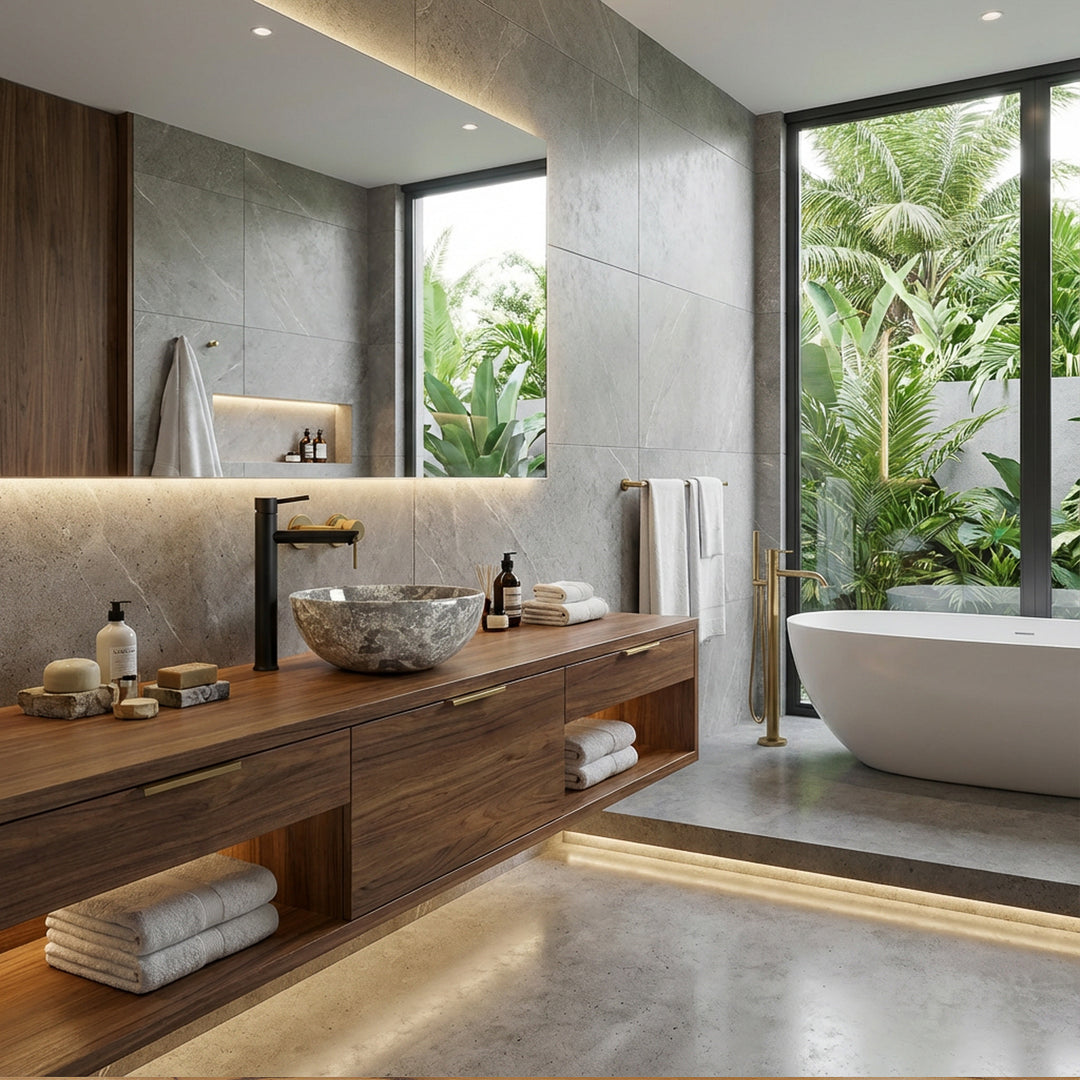 Lavabo sobre encimera de mármol redondo con vetas de color marrón grisáceo sobre un lavabo de madera en un luminoso baño spa, combinado con una grifería negra, una bañera independiente y una vista de la vegetación