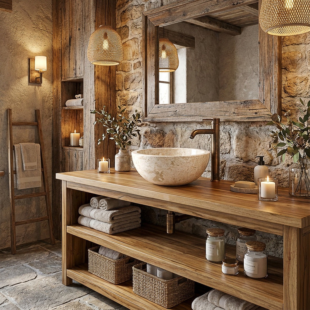 Lavabo sobre encimera redondo de piedra clara sobre una consola de madera maciza con accesorios de latón en un cálido ambiente de baño spa