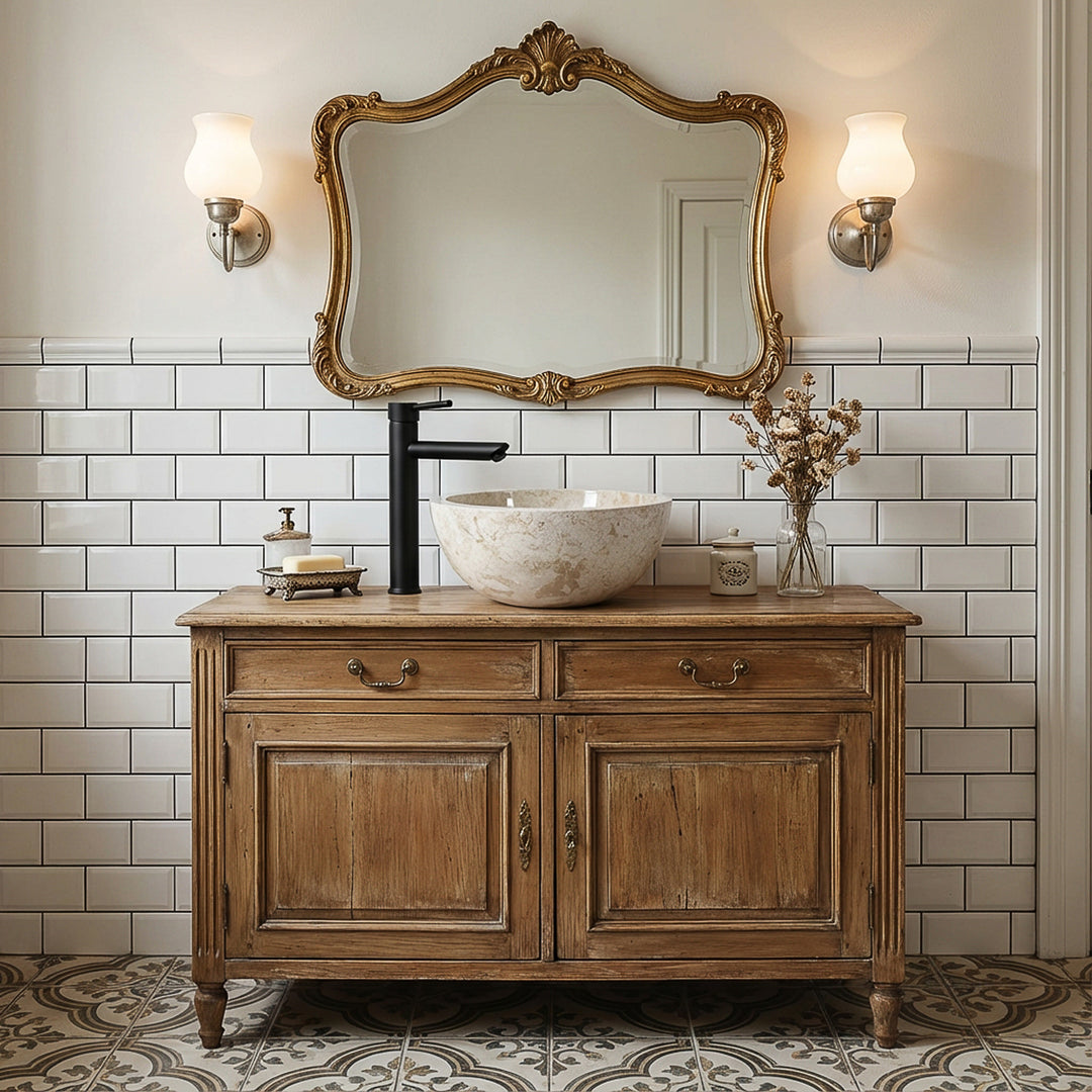Lavabo redondo de piedra como complemento a un lavabo de madera antiguo con grifería negra en un ambiente de baño clásico y elegante
