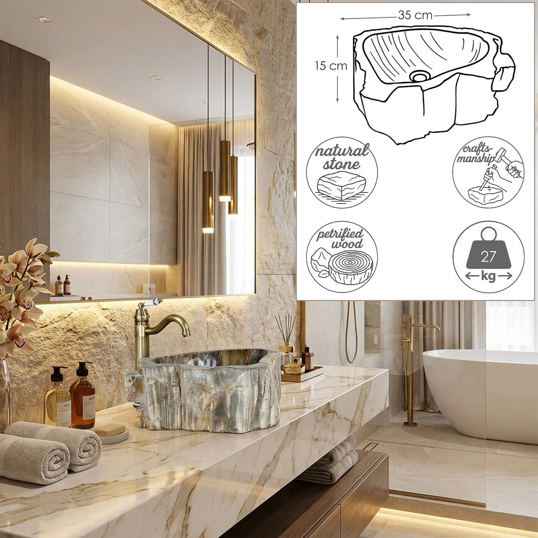 Lavabo Hecho de piedra natural en un baño elegante, solución superior con gráficos dimensionales, información de peso y detalles artesanales.