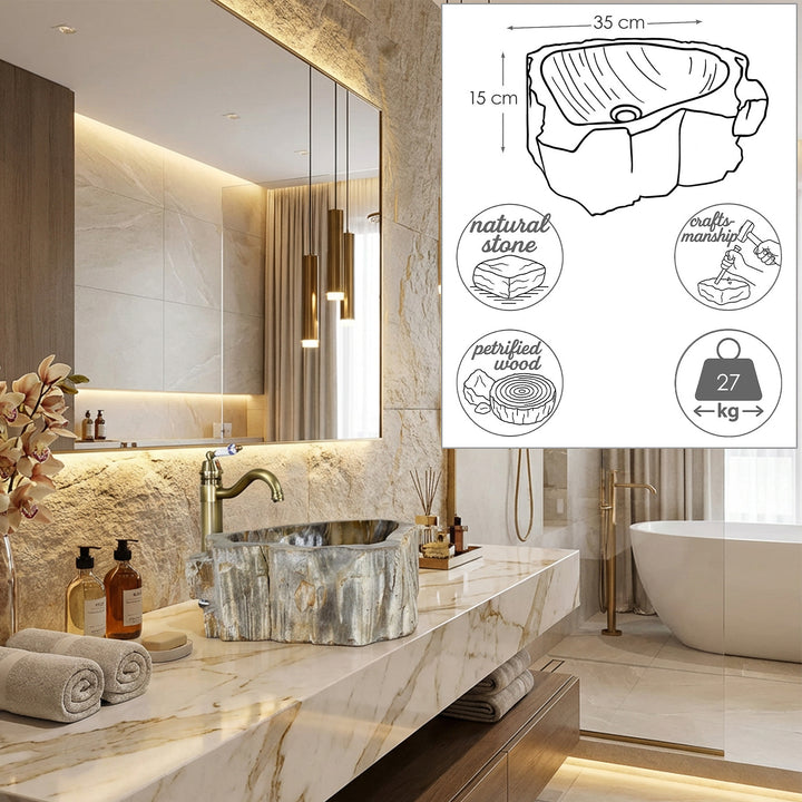 Lavabo Hecho de piedra natural en un baño elegante, solución superior con gráficos dimensionales, información de peso y detalles artesanales.