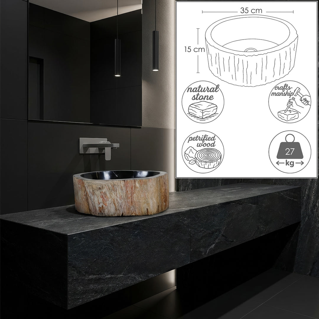 Lavabo de piedra hecho de madera petrificada como lavabo sobre encimera redondo, decorado de forma moderna con gráficos dimensionales en un baño de diseño oscuro.