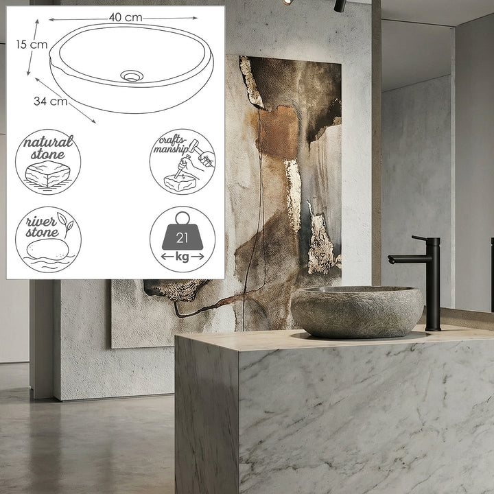 rocaLavabo con gráfico de dimensiones, lavabo redondo sobre encimera de piedra sobre una consola moderna con accesorios negros