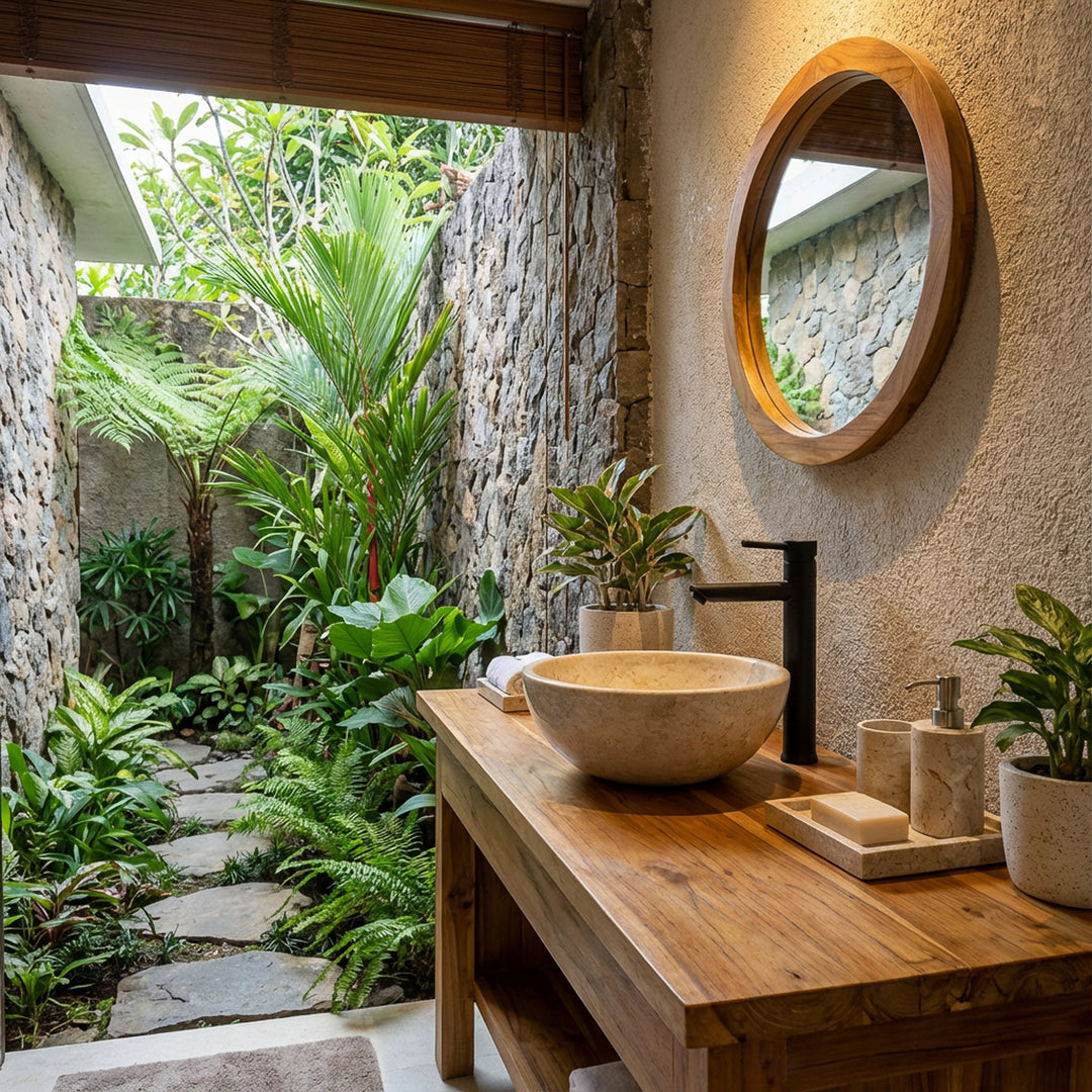 redondo Lavabo de piedra clara sobre un lavabo de madera con un grifo negro en el baño abierto con vistas al jardín