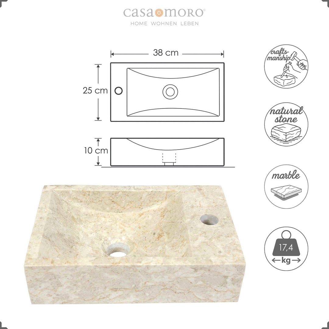 Lavabo de piedra cuadrado de piedra natural clara con orificio para grifería, complementado con gráficos dimensionales con anchura, profundidad, altura y peso.