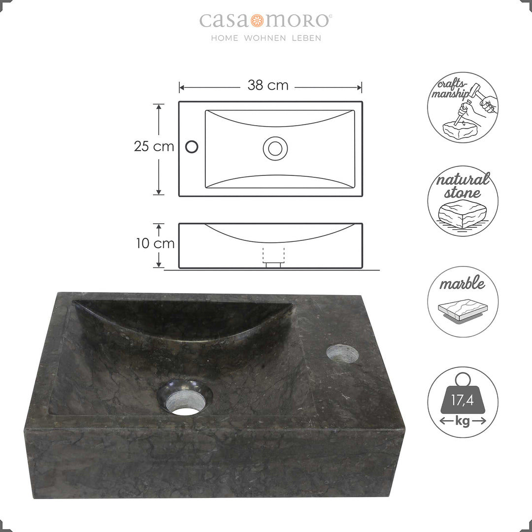 Lavabo sobre encimera cuadrado hecho de mármol con vetas oscuras, mostrado con dimensiones de ancho, profundidad y altura, así como símbolos de artesanía, piedra natural, mármol y peso.