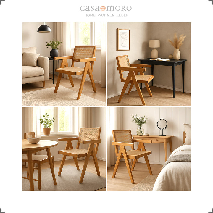 Esszimmer mit Teakholzstühlen und Wiener Geflecht, harmonisches Ambiente mit hellem Holz und Naturtönen