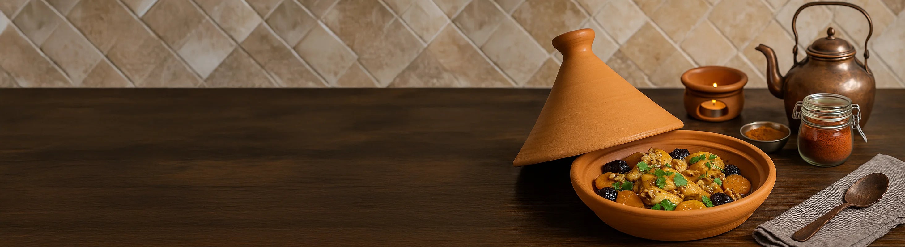 marroquí Tajine – Tagine relleno de carne estofada, albaricoques y frutos secos, decorado con cilantro fresco