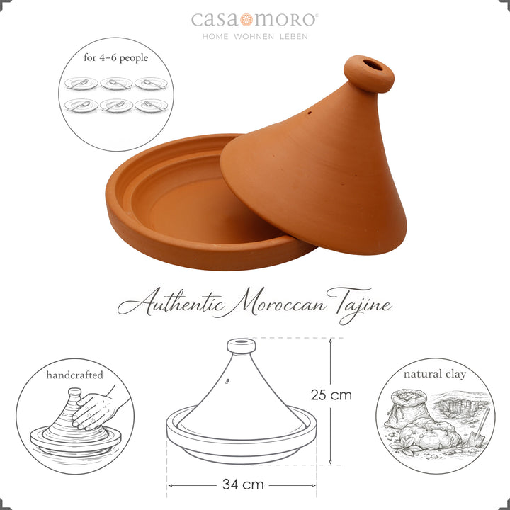 Tajine de Marruecos 34 cm para 4-6 personas, hecho a mano y natural