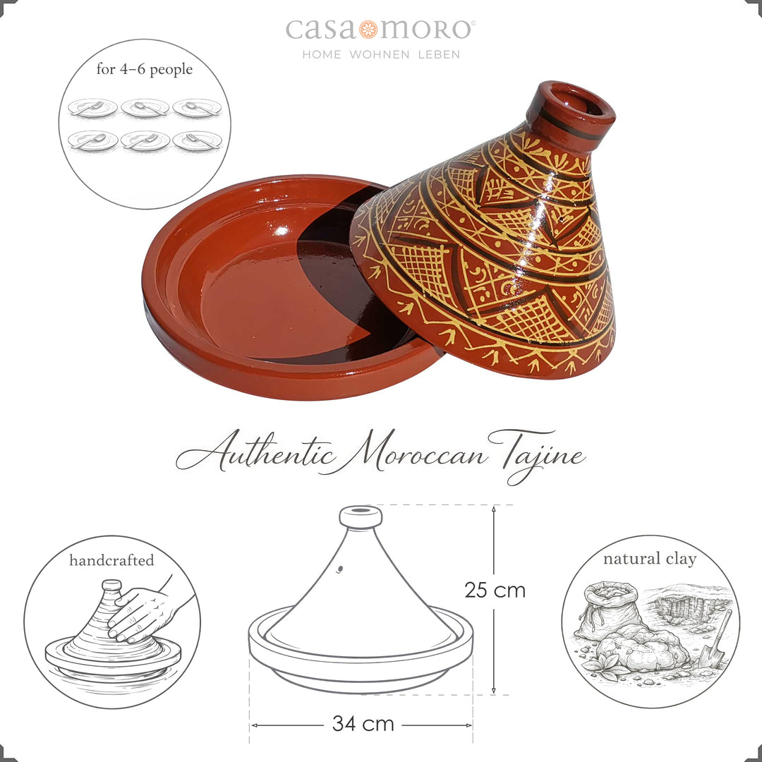 Marroquí glaseado Tajine de arcilla con motivos de henna, cacerola para 4-6 personas