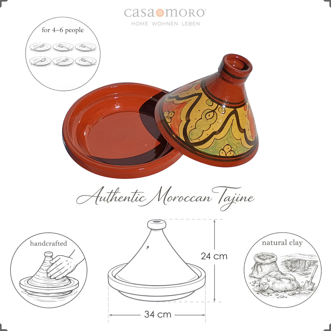 Tajine Cazuela de barro de 34 cm para 4-6 personas, esmaltada y pintada de estilo marroquí, de 24 cm de alto