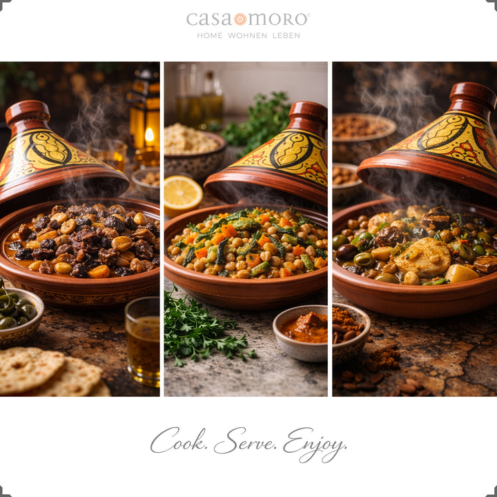 esmaltado Tajine Cazuela marroquí pintada de barro para 4-6 personas con platos de cordero, vegetarianos y pescado