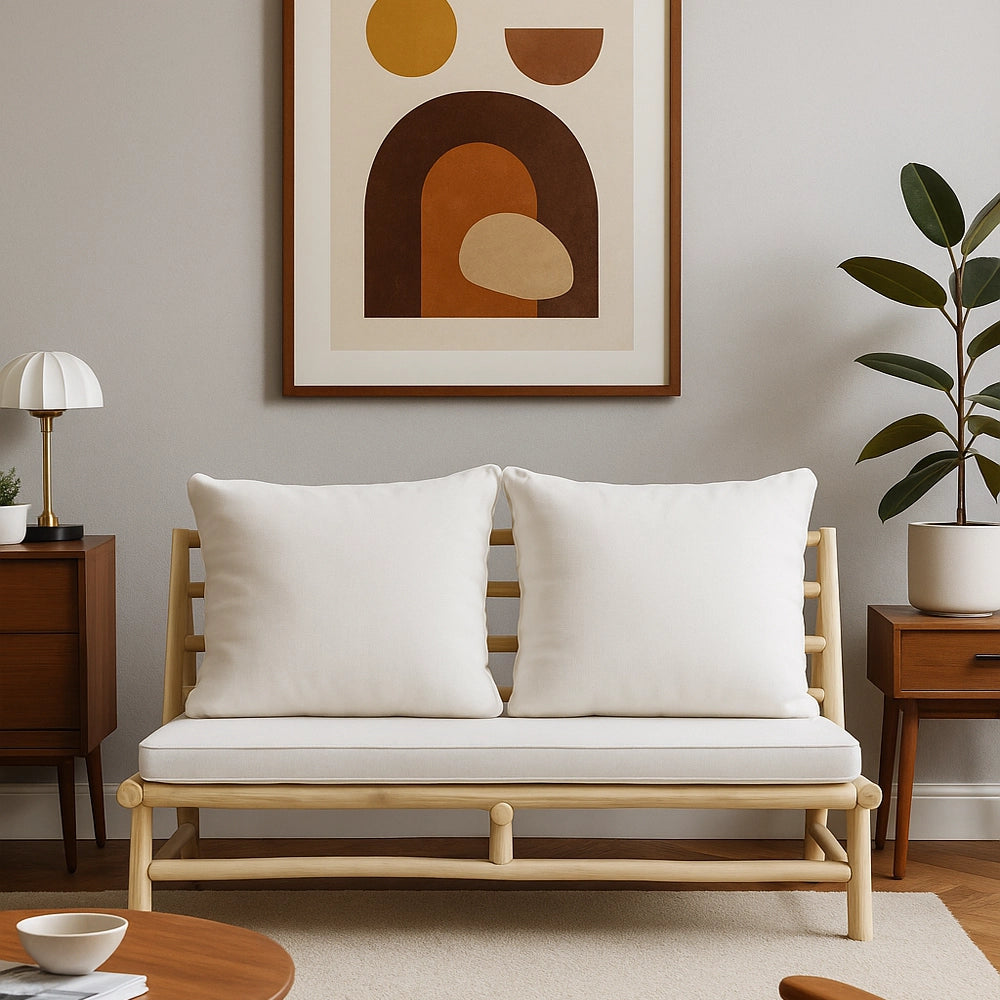 Helles Wohnzimmer mit natürlichem Zweisitzer aus Holz und weißen Kissen, ergänzt durch warme Mid-Century-Details und moderne Wandkunst.