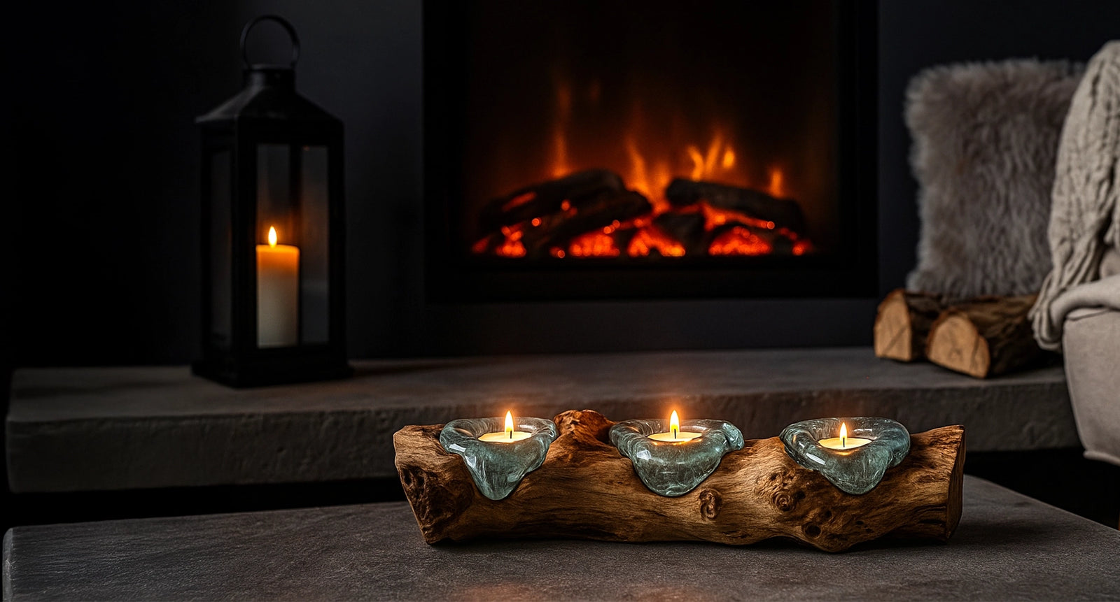 Teelichthalter aus Glas und Wurzelholz vor einem Kamin, warm leuchtend in einer gemütlichen Wohnszene