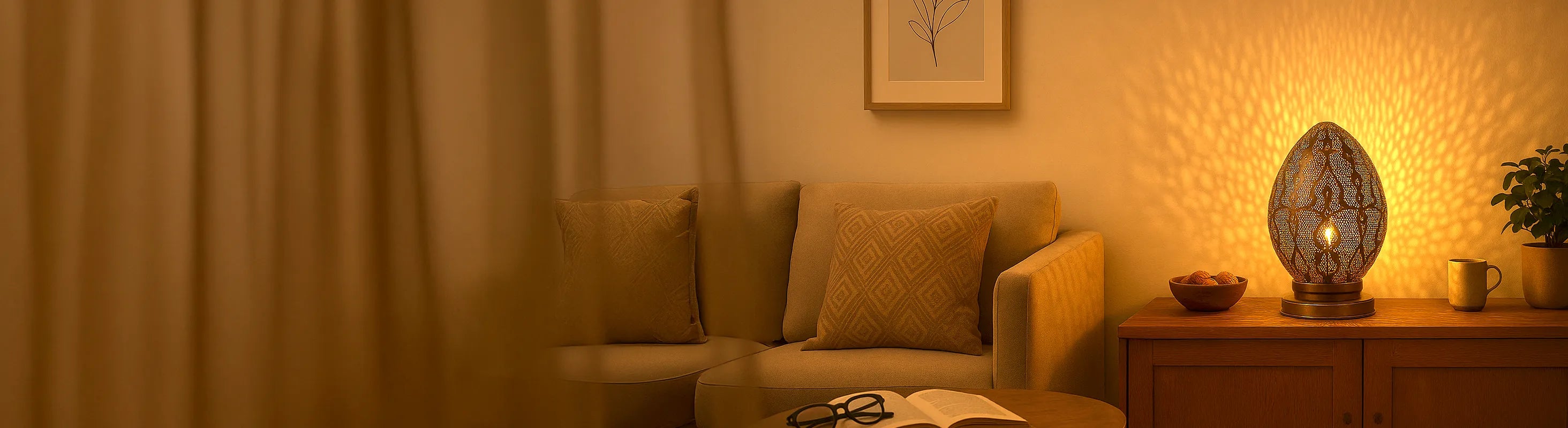 Lámparas de mesa – Wohnzimmer mit handgefertigter Tischlampe aus Metall – stimmungsvolle Beleuchtung auf Sideboard neben Sofa