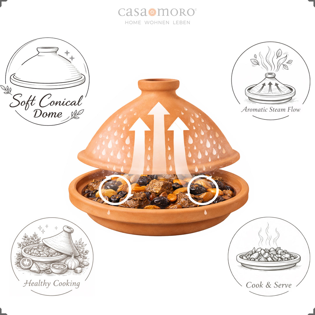 marroquí Tagine hecho de arcilla natural y arcilla, sin esmaltar como cazuela aromática