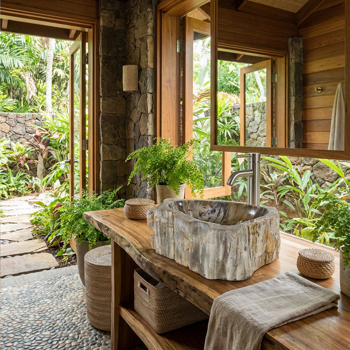 Lavabo de piedra realizado en madera petrificada a modo de lavabo sobre encimera sobre panel de madera maciza, empotrado en un baño natural con vista al jardín.